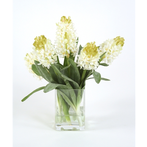 Waterlook ® Silk White Hyacinths in a Small Square Glass Vase